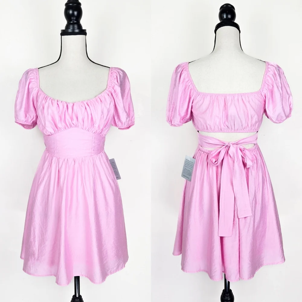 🦋LAST🦋 NWT Blu Pepper Puff Sleeve Tie Back Mini Dress, Pink, Size Medium - Picture 2 of 5